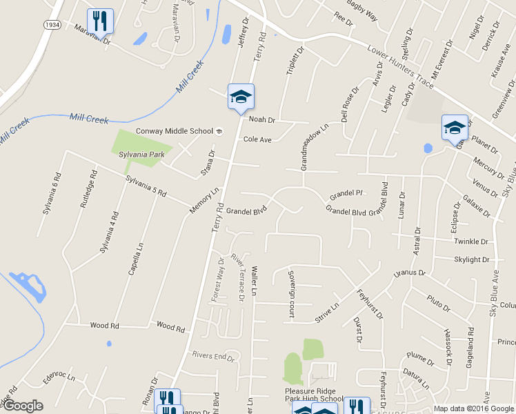 map of restaurants, bars, coffee shops, grocery stores, and more near 5909 Grandel Boulevard in Louisville