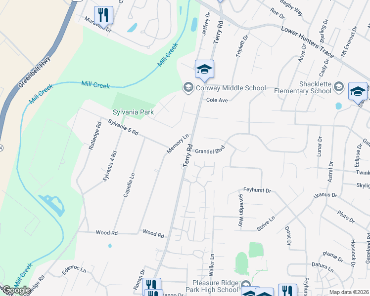 map of restaurants, bars, coffee shops, grocery stores, and more near 6602 Terry Road in Louisville