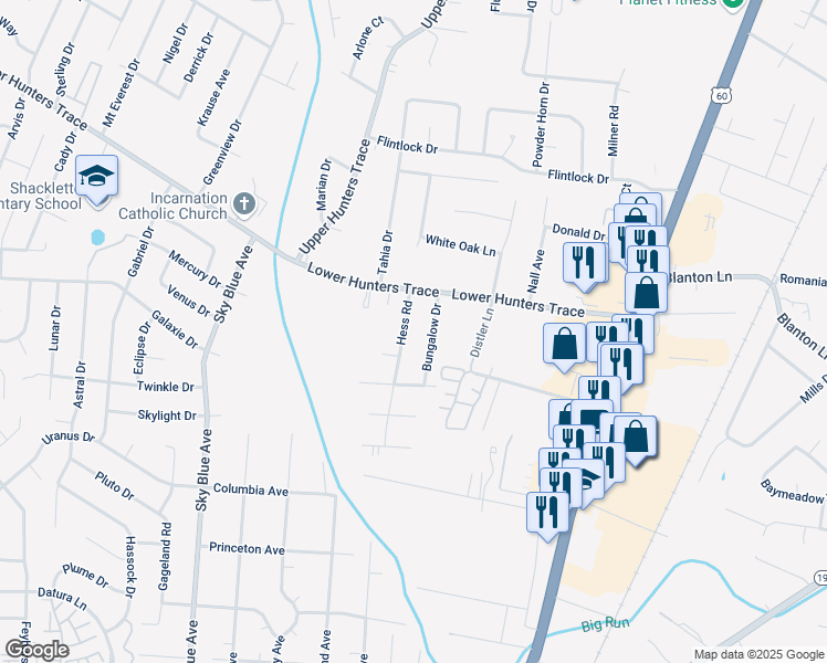 map of restaurants, bars, coffee shops, grocery stores, and more near 5413 Hess Drive in Louisville