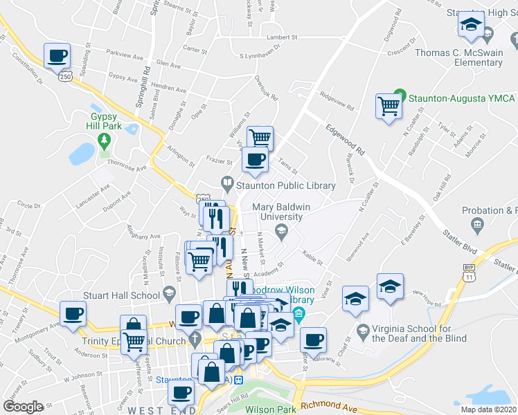 map of restaurants, bars, coffee shops, grocery stores, and more near 427 North Market Street in Staunton