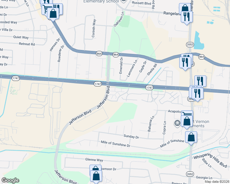 map of restaurants, bars, coffee shops, grocery stores, and more near 7300 Hilary Green Court in Louisville