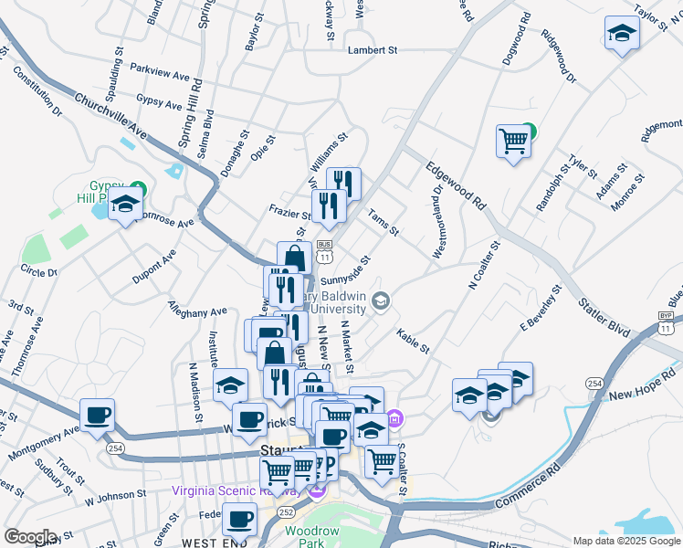 map of restaurants, bars, coffee shops, grocery stores, and more near 109 Sunnyside Street in Staunton