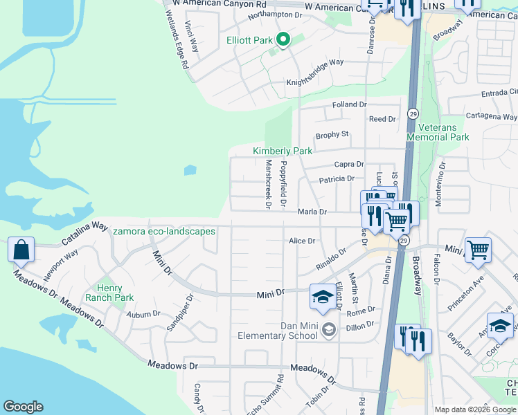 map of restaurants, bars, coffee shops, grocery stores, and more near 538 Marla Drive in American Canyon