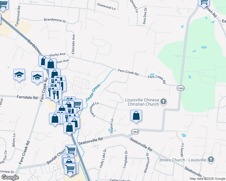 map of restaurants, bars, coffee shops, grocery stores, and more near 6703 Obryan Road in Louisville