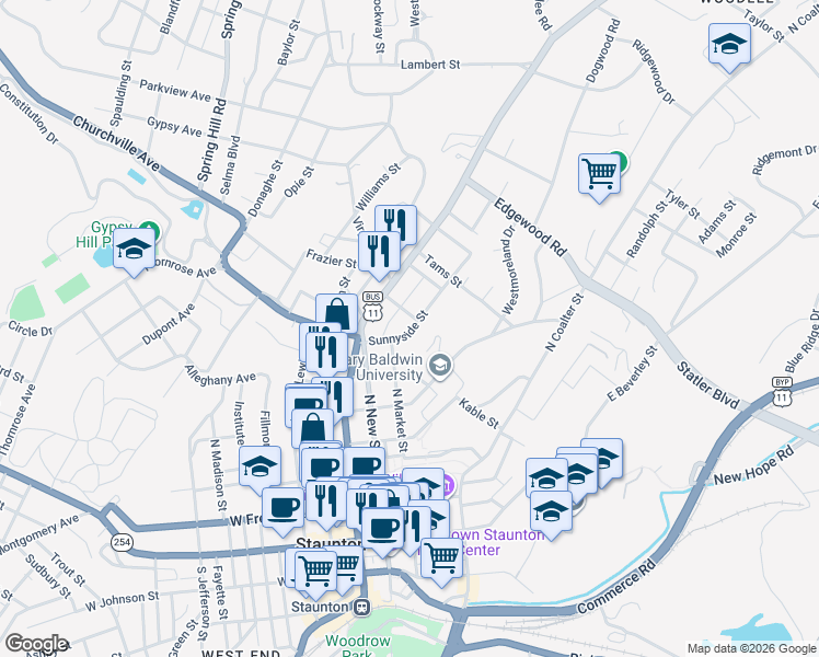 map of restaurants, bars, coffee shops, grocery stores, and more near 427 North Market Street in Staunton