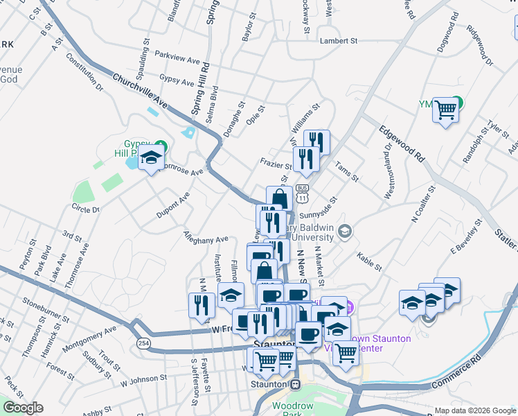 map of restaurants, bars, coffee shops, grocery stores, and more near 340 N Central Ave in Staunton