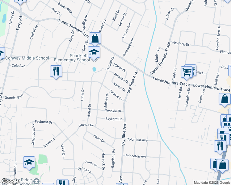 map of restaurants, bars, coffee shops, grocery stores, and more near 5210 Galaxie Drive in Louisville