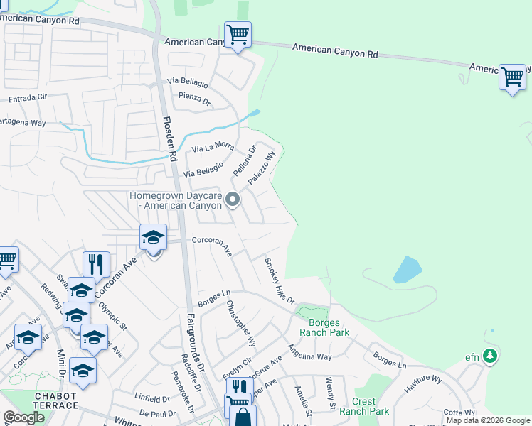 map of restaurants, bars, coffee shops, grocery stores, and more near 38 Palestrina Court in American Canyon