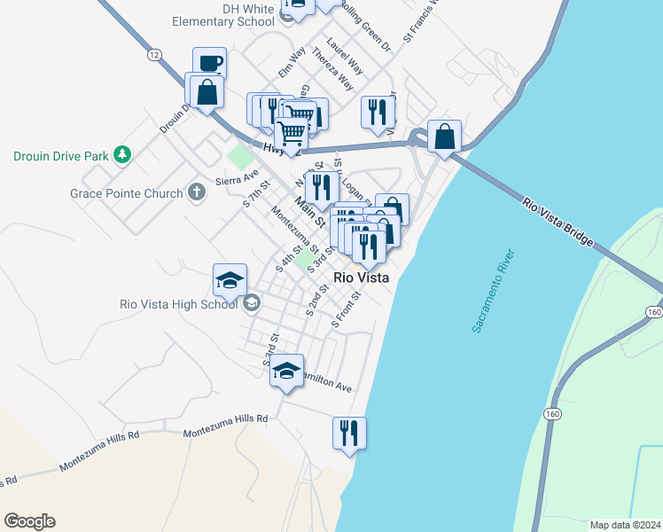 map of restaurants, bars, coffee shops, grocery stores, and more near 221 California Street in Rio Vista