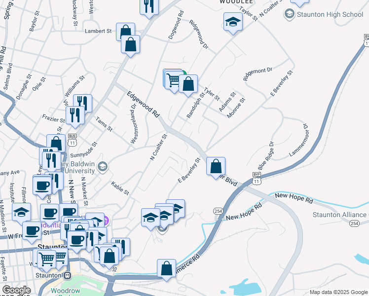 map of restaurants, bars, coffee shops, grocery stores, and more near 107 Waverley Green in Staunton