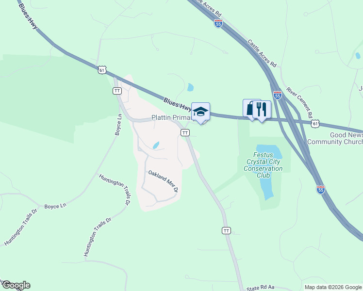 map of restaurants, bars, coffee shops, grocery stores, and more near 2580 South Ridge Lane in Festus