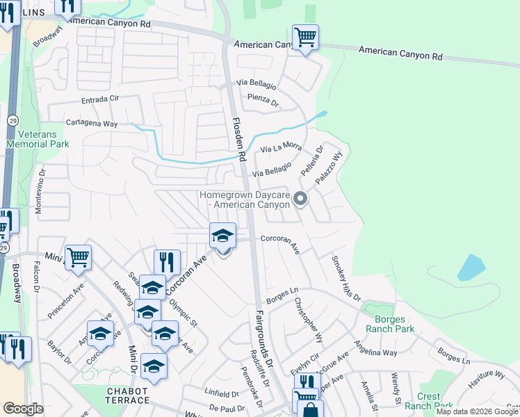 map of restaurants, bars, coffee shops, grocery stores, and more near 70 Sarcedo Way in American Canyon
