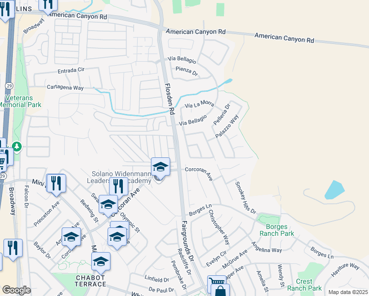 map of restaurants, bars, coffee shops, grocery stores, and more near 70 Sarcedo Way in American Canyon