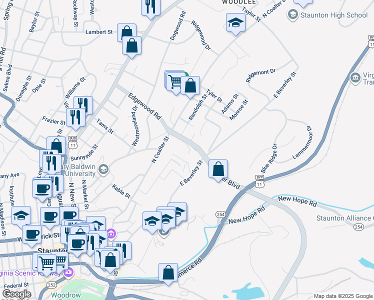 map of restaurants, bars, coffee shops, grocery stores, and more near 500 Winchester Avenue in Staunton