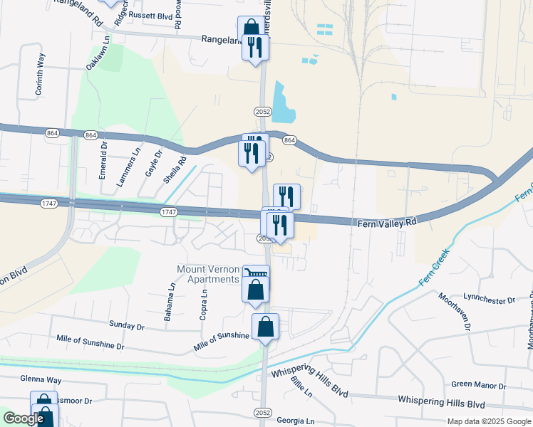 map of restaurants, bars, coffee shops, grocery stores, and more near Fern Valley Rd & Shepherdsville Rd in Louisville