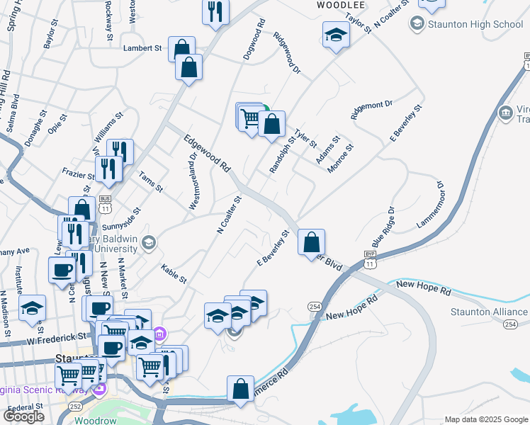 map of restaurants, bars, coffee shops, grocery stores, and more near 500 Winchester Avenue in Staunton