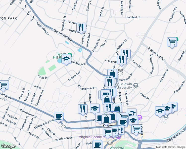 map of restaurants, bars, coffee shops, grocery stores, and more near in Staunton