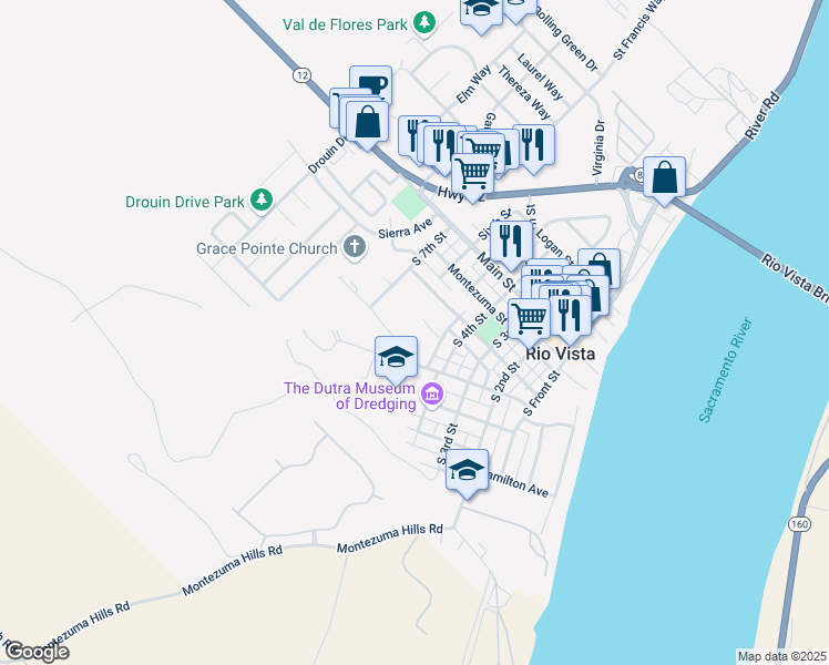 map of restaurants, bars, coffee shops, grocery stores, and more near 250 Saint Joseph Street in Rio Vista