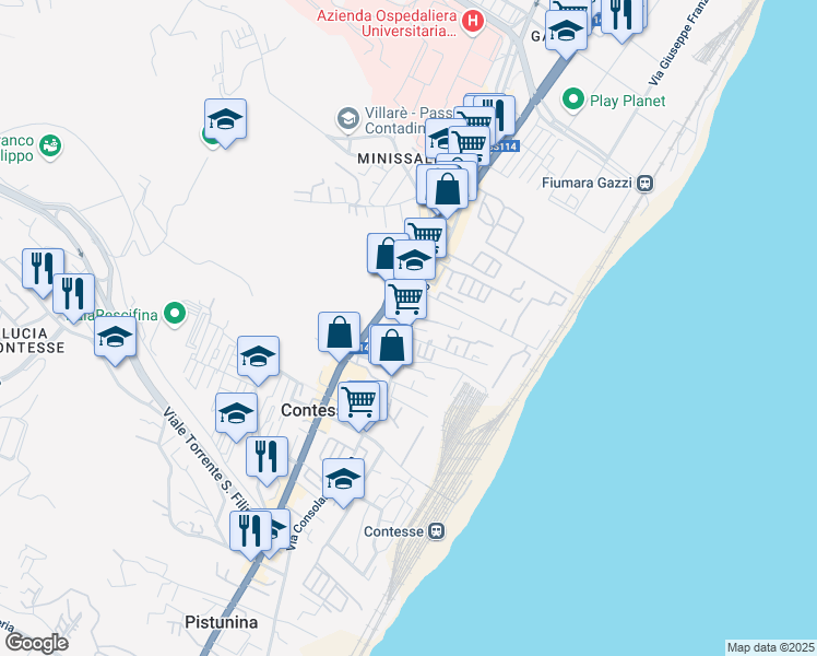 map of restaurants, bars, coffee shops, grocery stores, and more near 5800 Strada Statale 114 Km in Messina