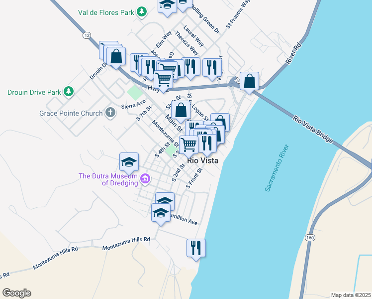 map of restaurants, bars, coffee shops, grocery stores, and more near 27 South 3rd Street in Rio Vista