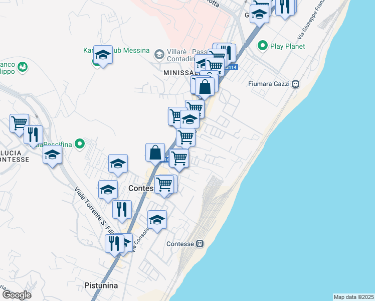 map of restaurants, bars, coffee shops, grocery stores, and more near 5800 Strada Statale 114 Km in Messina