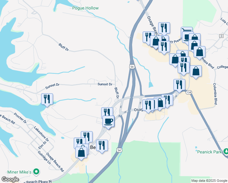 map of restaurants, bars, coffee shops, grocery stores, and more near 1067-1099 Bluff Dr in Osage Beach