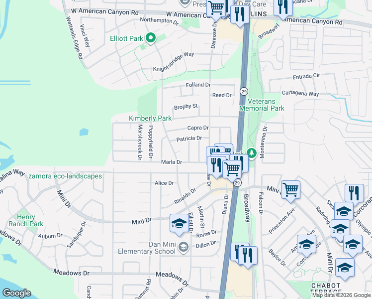 map of restaurants, bars, coffee shops, grocery stores, and more near 15 Lena Drive in American Canyon