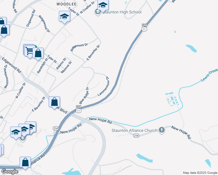 map of restaurants, bars, coffee shops, grocery stores, and more near 814 Lammermoor Drive in Staunton