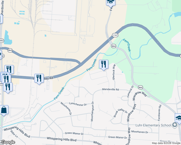 map of restaurants, bars, coffee shops, grocery stores, and more near 6305 Overton Road in Louisville