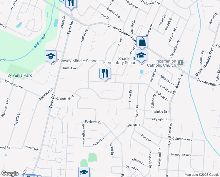 map of restaurants, bars, coffee shops, grocery stores, and more near 8210 Grandel Place in Louisville