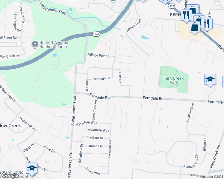 map of restaurants, bars, coffee shops, grocery stores, and more near 8001 Ferndale Road in Louisville