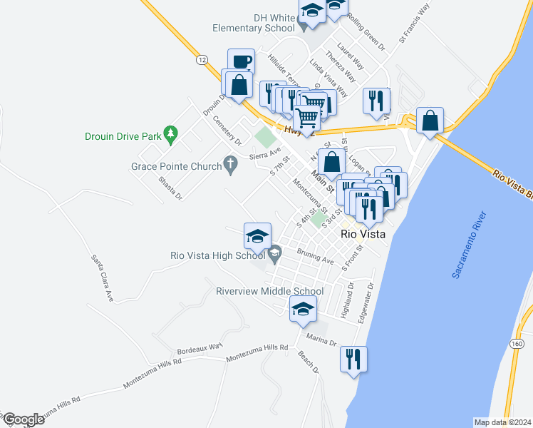 map of restaurants, bars, coffee shops, grocery stores, and more near 6 Tavares Court in Rio Vista