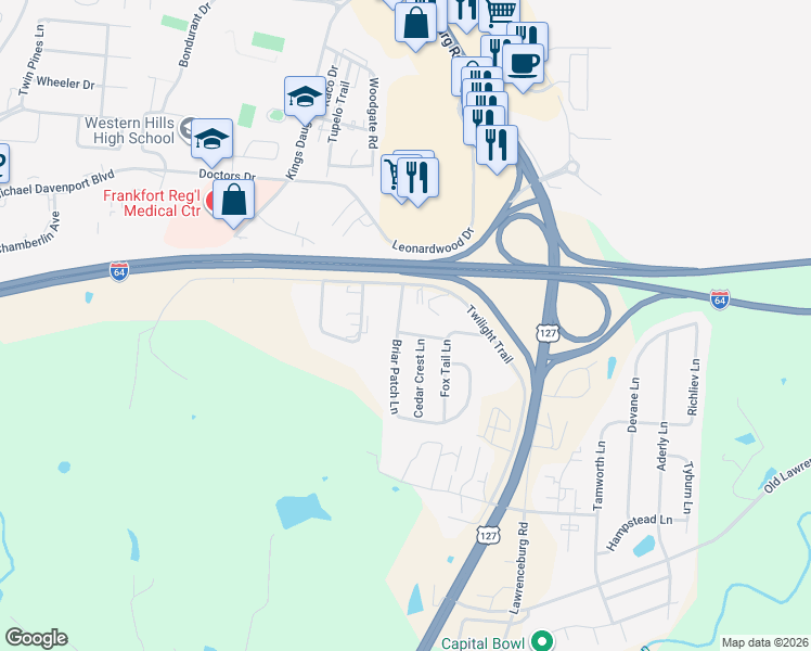 map of restaurants, bars, coffee shops, grocery stores, and more near 116 Briar Patch Lane in Frankfort