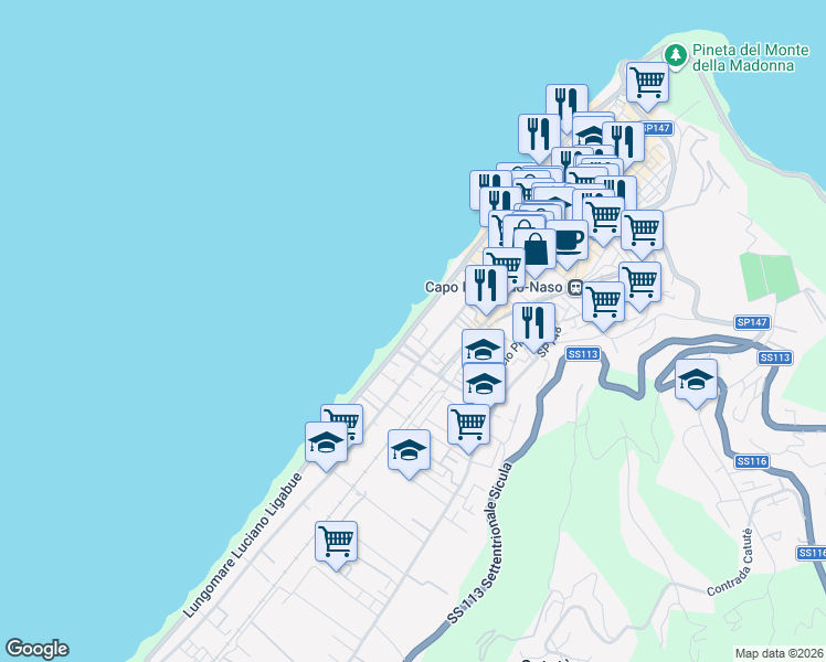 map of restaurants, bars, coffee shops, grocery stores, and more near 78 Via Andrea Doria in Capo D'orlando