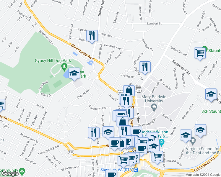 map of restaurants, bars, coffee shops, grocery stores, and more near 240 Churchville Avenue in Staunton