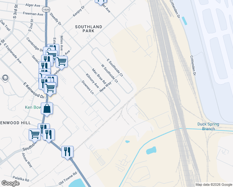 map of restaurants, bars, coffee shops, grocery stores, and more near 415 Mac Brae Road in Louisville