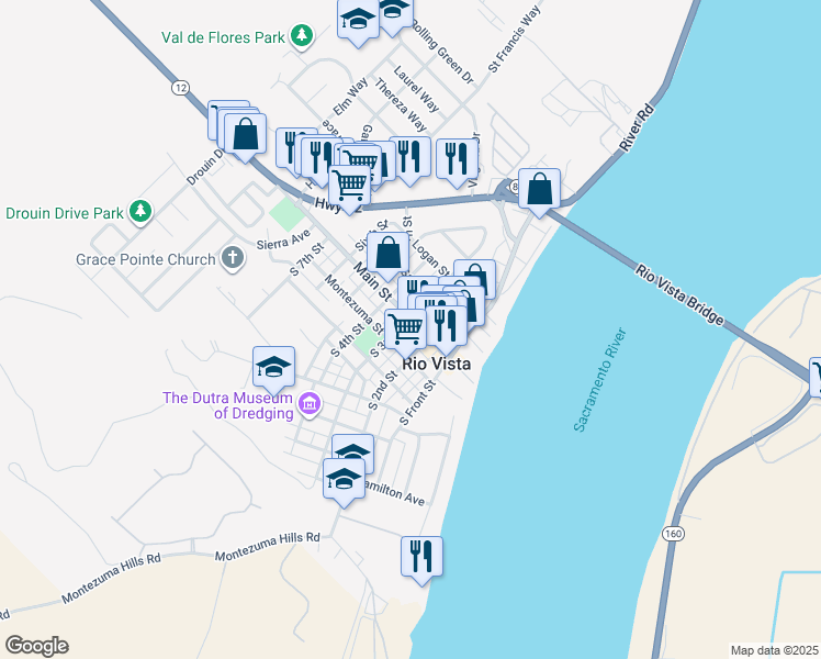 map of restaurants, bars, coffee shops, grocery stores, and more near 230 Main Street in Rio Vista