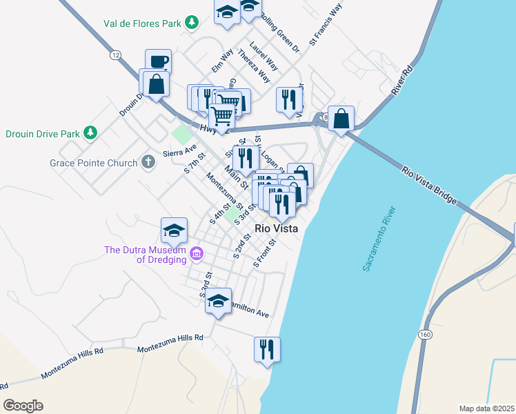 map of restaurants, bars, coffee shops, grocery stores, and more near 230 Main Street in Rio Vista