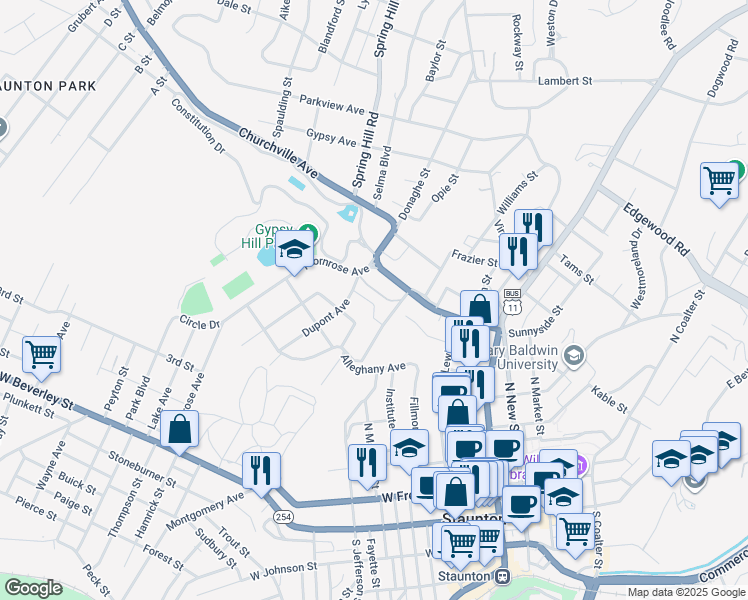 map of restaurants, bars, coffee shops, grocery stores, and more near 300 Churchville Avenue in Staunton