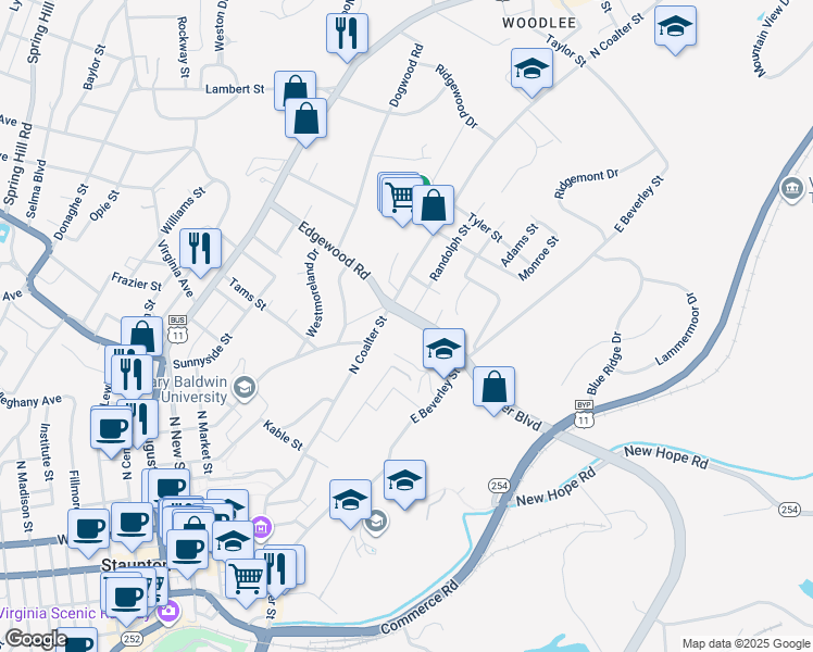 map of restaurants, bars, coffee shops, grocery stores, and more near 310 Winchester Avenue in Staunton