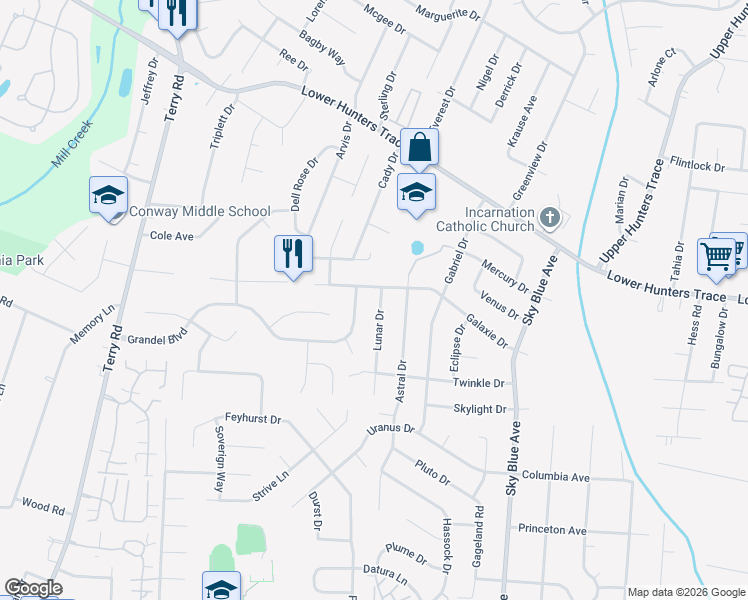 map of restaurants, bars, coffee shops, grocery stores, and more near 6602 Lunar Drive in Louisville