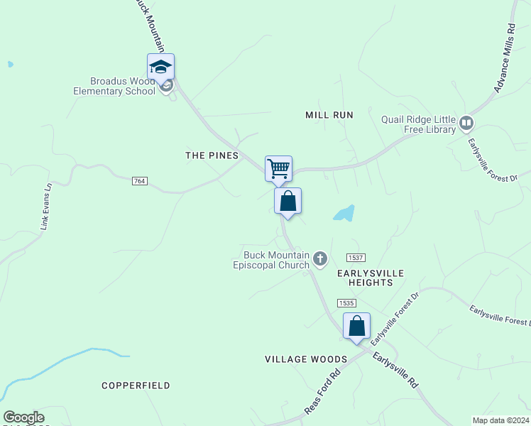 map of restaurants, bars, coffee shops, grocery stores, and more near 4232 Earlysville Road in Earlysville