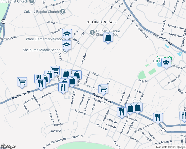 map of restaurants, bars, coffee shops, grocery stores, and more near 2207 3rd Street in Staunton