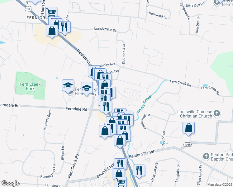 map of restaurants, bars, coffee shops, grocery stores, and more near 6602 Brighton Hill Lane in Louisville