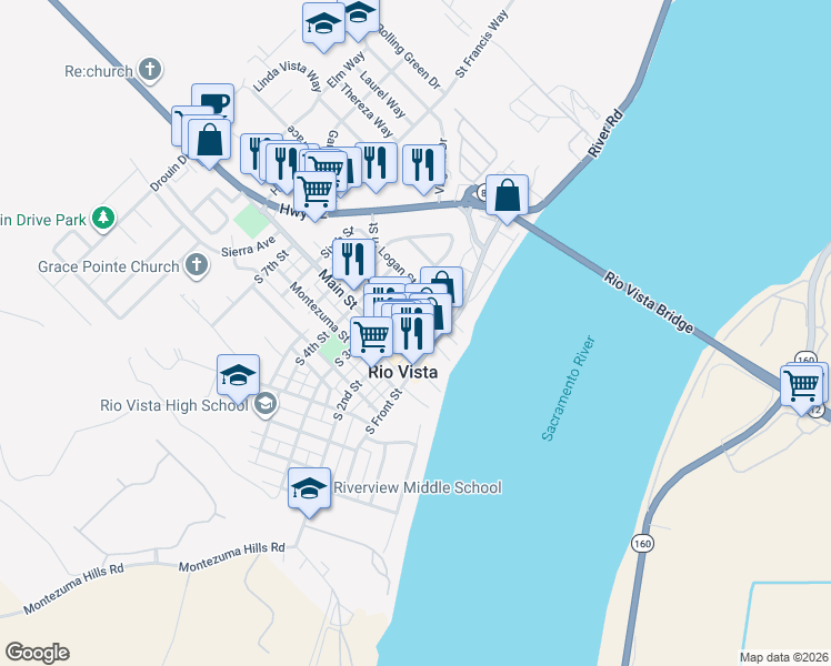 map of restaurants, bars, coffee shops, grocery stores, and more near 140 Sacramento Street in Rio Vista