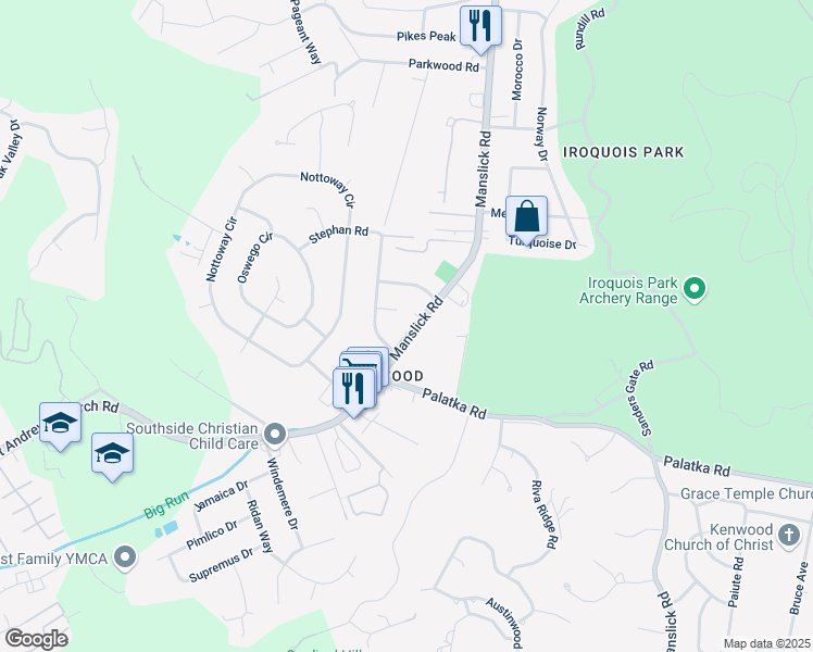 map of restaurants, bars, coffee shops, grocery stores, and more near 7110 Manslick Road in Louisville