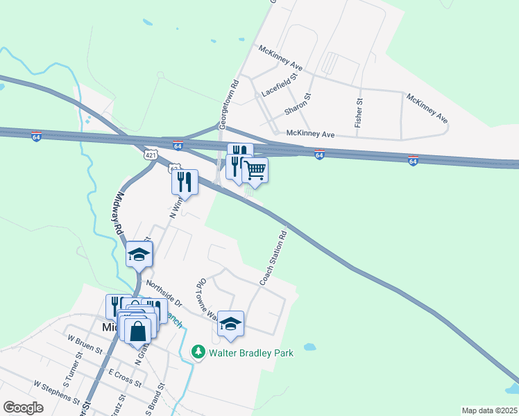 map of restaurants, bars, coffee shops, grocery stores, and more near US Highway 421 in Midway