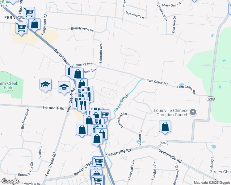 map of restaurants, bars, coffee shops, grocery stores, and more near 9513 Williamsborough Lane in Louisville