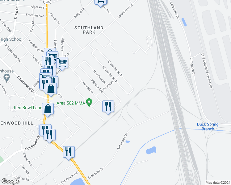 map of restaurants, bars, coffee shops, grocery stores, and more near 413 Mac Brae Road in Louisville