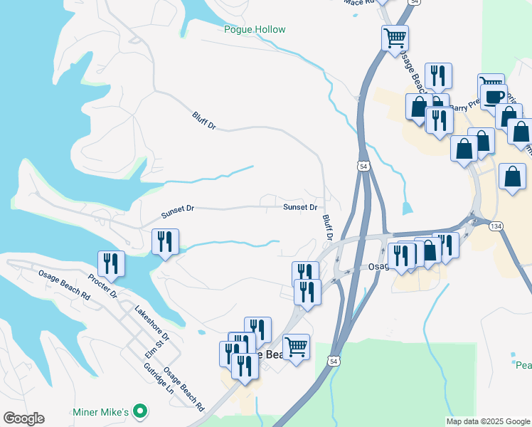 map of restaurants, bars, coffee shops, grocery stores, and more near 1100 Patricia Lane in Osage Beach